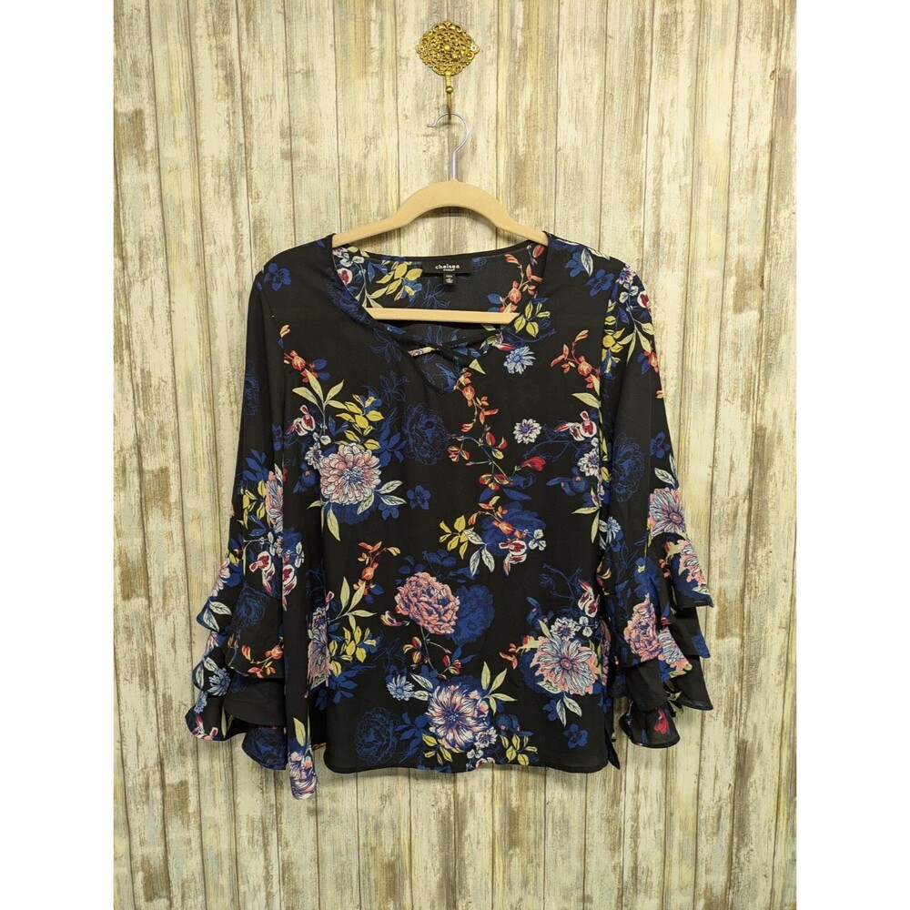 Chelsea Studio Black Floral Bell Sleeve Top Ruffle Bloomcore Boho Blouse 1X